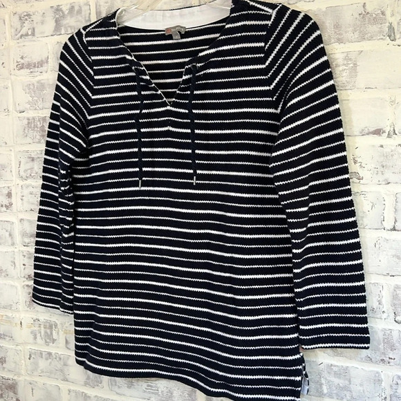 Talbots Nautical Pullover V-Neck Navy White Stripes 3/4 Sleeve Knit Blouse, sz S - Picture 2 of 7